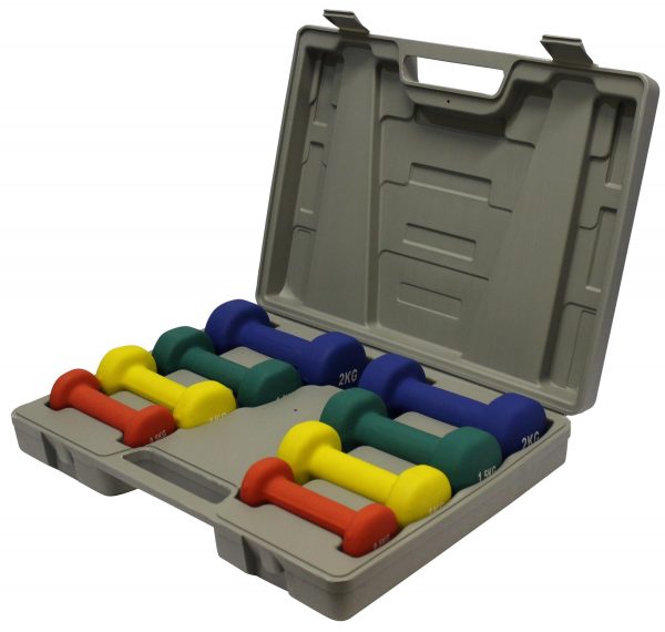 8 Neoprene Dumbbells of various weights in a grey carry case