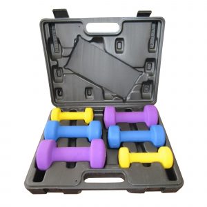 6 Neoprene dumbbells of various weights in a grey carry case