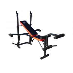 black weight bench with barbell rack