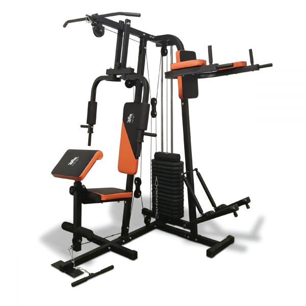 black and orange home gym with pull up station