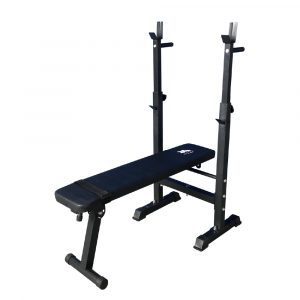 Black weight bench with barbell rack