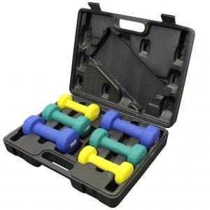 6 Neoprene Dumbbells of various weights in a black carry case