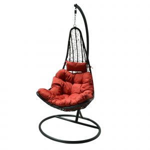 Teardrop hanging egg chair with red cushions
