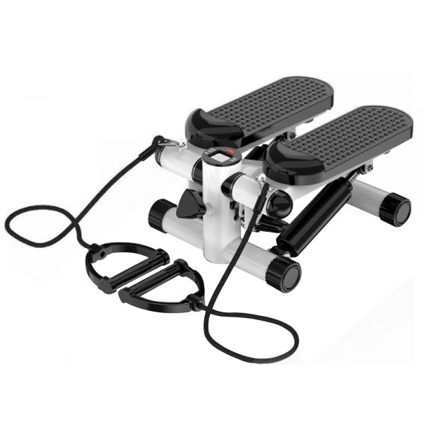 White mini stepper with black foot plates and black resistance bands