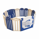 Blue and white playpen picture of an elephant on the door
