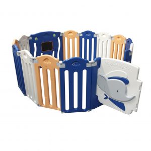 Blue white and yellow playpen with a picture on an elephant on the door