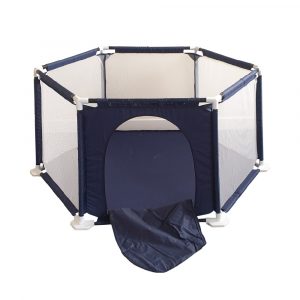 hexagonal playpen with blue zipper door panel and 5 mesh sides