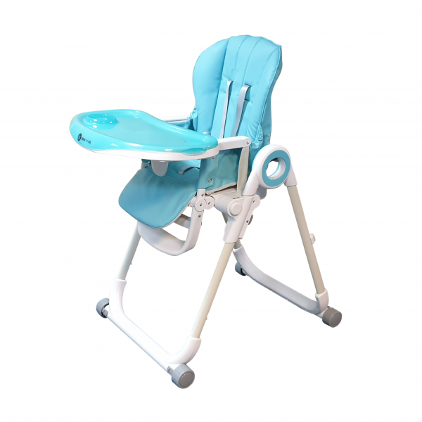 high chair with white legs, blue seat and table