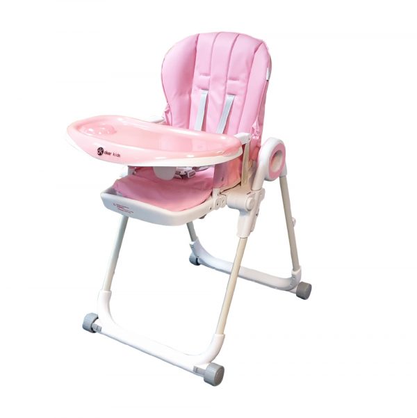 high chair with white legs, pink seat and pink tray