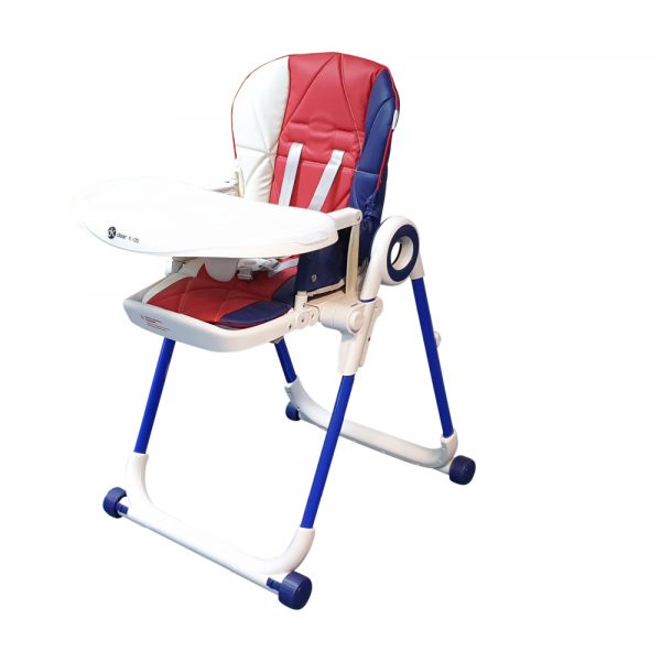high chair with white and blue legs, white tray and white blue and red seat