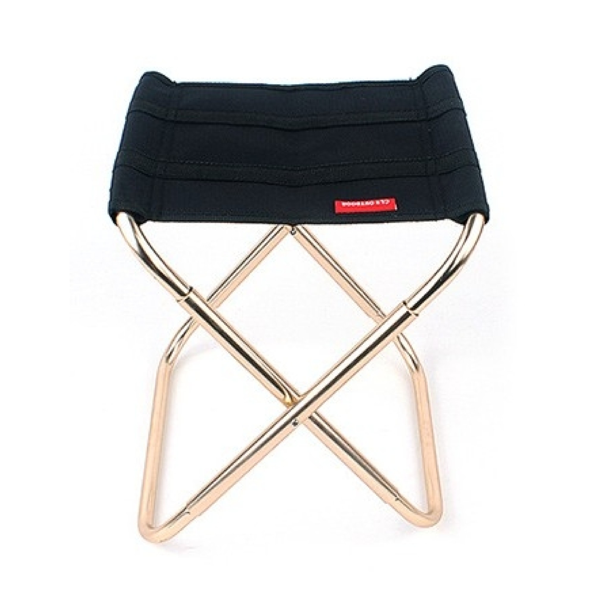 Black camping stool with gold legs