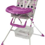 grey high chair with purple tray and puple and grey spots on the seat