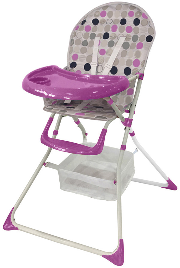 grey high chair with purple tray and puple and grey spots on the seat